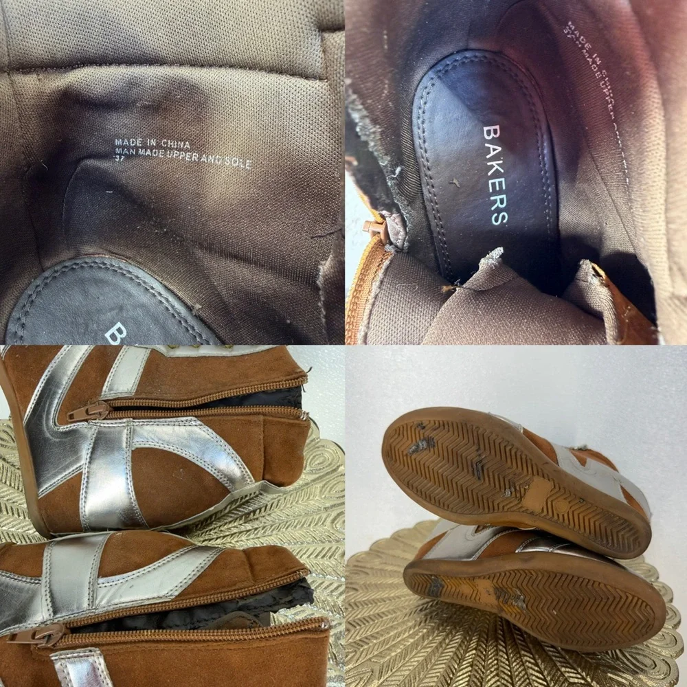 Bakers Metallic Suede Wedge Sneakers Brown Silver Lace‎ Up Zip Size 37 / 7M